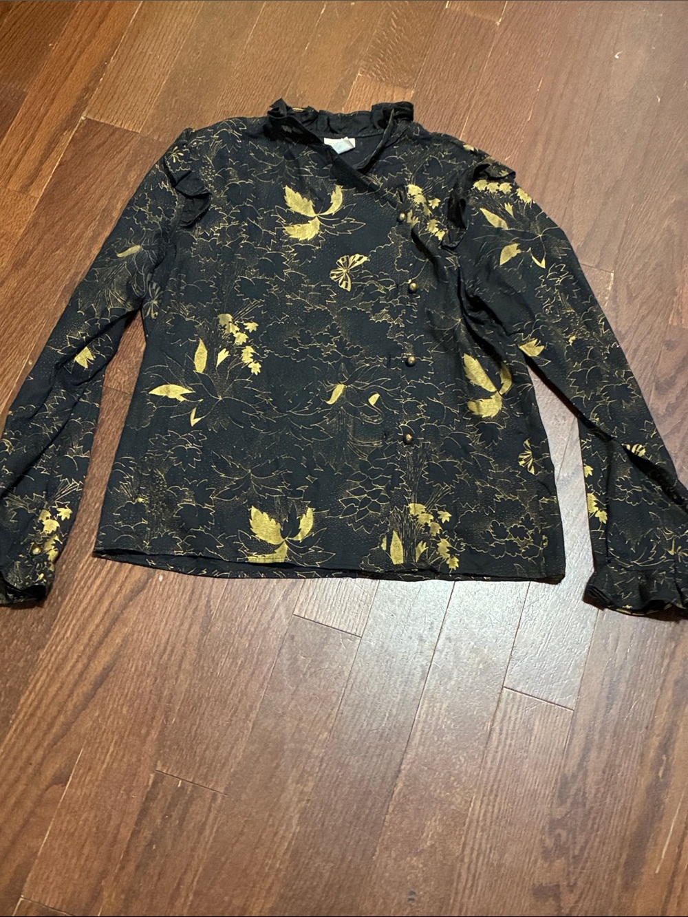 Women's Black Floral Long-Sleeve Blouse with Gold Print
